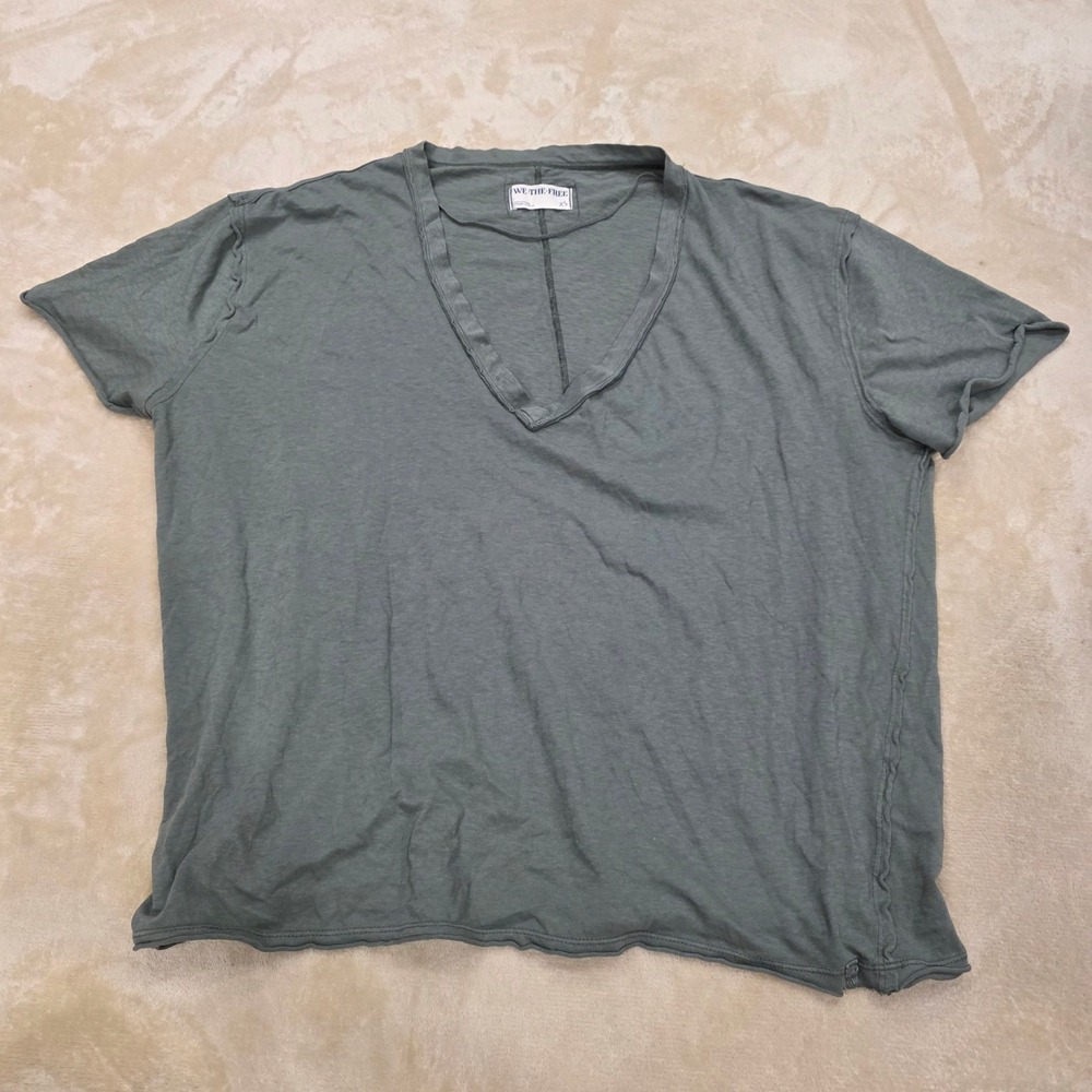 We The Free Free People Green V-Neck T-Shirt Slouchy Cotton Tee Womens Size XS